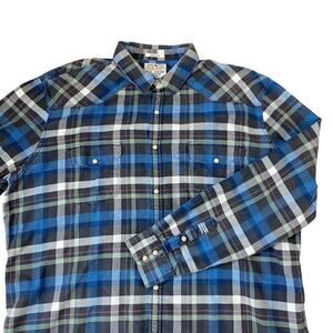 Lucky Brand Western Pearl Snap Button Up Shirt Men XXL Indigo Plaid Classic Fit